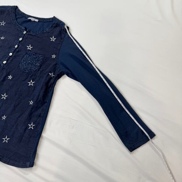 Tempo Paris Navy Star Cotton Linen Blend Blouse Women's Medium Celestial Boho - Picture 8 of 13